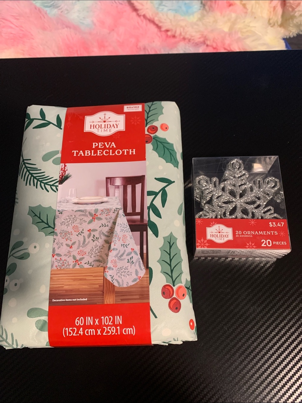 Holiday Time Bundle Holly PEVA Tablecloth & Glitter Snowflake Ornaments